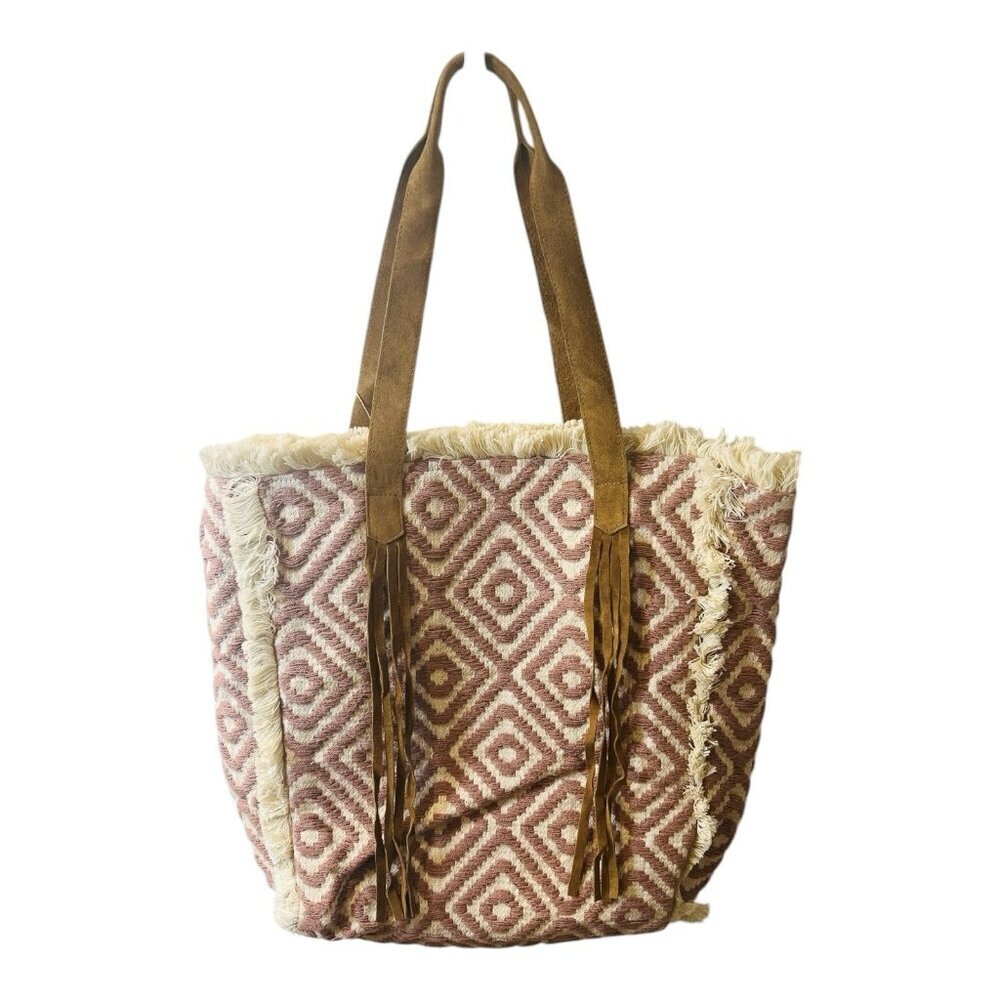 Anthropologie RAJ Mauve Tote Bag Boho Hippie Leather Fringe
